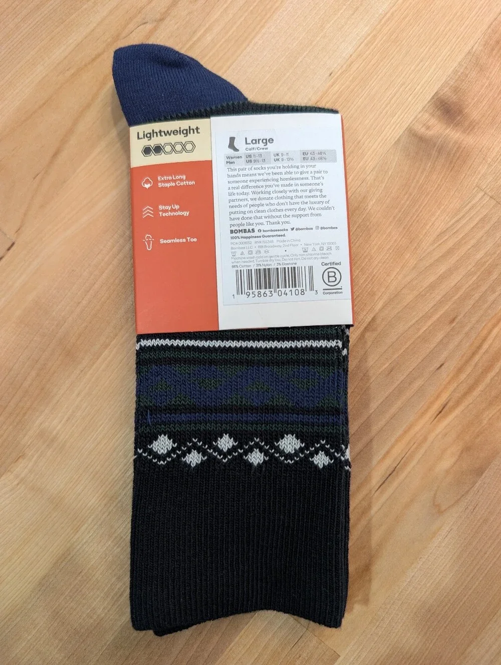 NWT Bombas Lightweight Calf Socks Fair Isle Dark Blue Black Large Cotton Blend